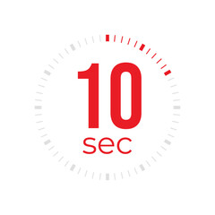 10 or ten second timer, clock, stopwatch, time, countdown timer, cooking time icon. Red color dial representing time measurement, progress, deadline, chronometer, alarm, kitchen timer label.