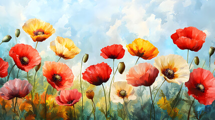 Obraz premium Artistic floral composition, colorful flowers painted in acrylic and watercolor, blue sky background, vibrant green, red, and orange palette.