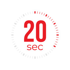 20 or twenty second timer, clock, stopwatch, time, countdown timer, cooking time icon. Red color dial representing time measurement, progress, deadline, chronometer, alarm, kitchen timer label.
