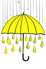 Cheerful autumn illustration featuring a vibrant yellow umbrella with multicolored raindrops, ideal for fall-themed visuals.