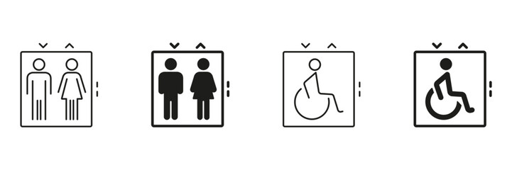 Elevator Icon Set With Gender And Accessibility Symbols. Public Facility, Gender Inclusivity and Accessibility Representation Outline And Silhouette Symbol Collection. Isolated Vector Illustration © Toxa2x2