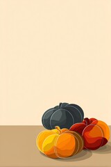 Bold and beautiful pumpkins in all shapes and shades, highlighting autumn's richness in texture, color, and form. Copy space.