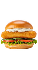 Knuspriger Fisch-Burger auf transparentem Hintergrund &ndash; Studioaufnahme