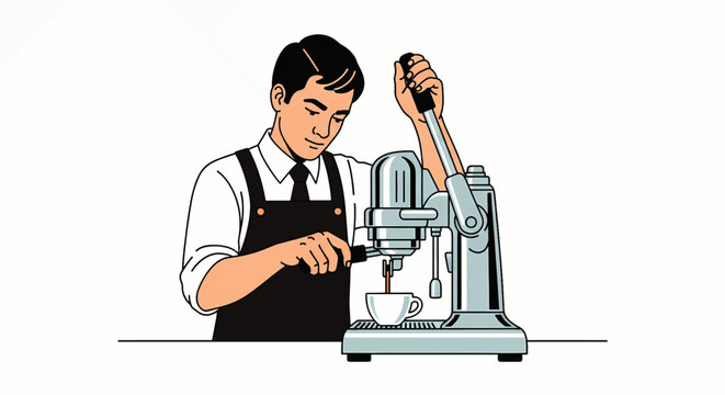 A professional barista wearing an apron meticulously pulls a shot of espresso using a traditional manual lever coffee machine illustration
