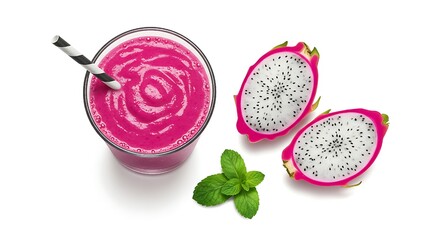Glass of Tasty Pitahaya Smoothie with Dragon Fruit and Fresh Mint on White Background &ndash; Exotic Healthy Drink.