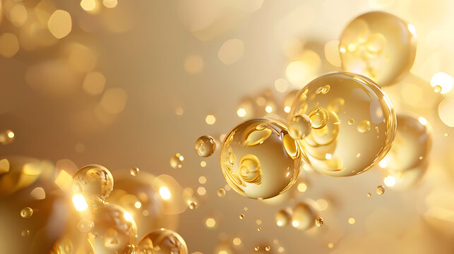 Golden liquid molecules floating in a soft, glowing background. - Powered by Adobe