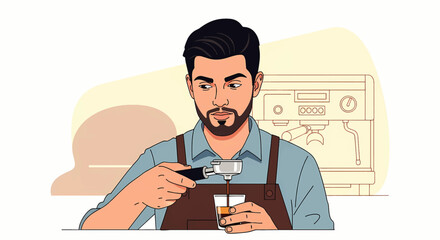 Skilled barista in an apron expertly crafting an espresso drink using a portafilter in a coffee shop. Vector illustration.