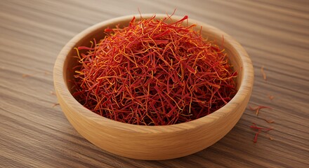 Fototapeta premium Closeup of Aromatic Saffron Spice in Bowl on Rustic Table – Culinary Delight.