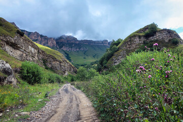 Scenic landscape of Caucasus mountains near El Tyubyu, Kabardino-Balkaria, Russia