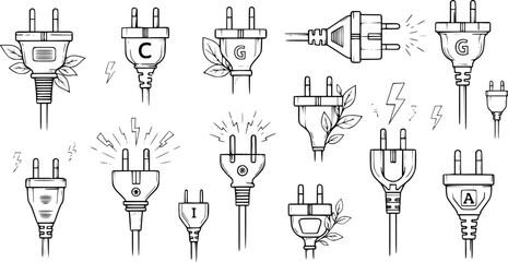 black and white vector graphics of various electric plugs, simple design, clean lines, minimalist, various styles, with and without cables