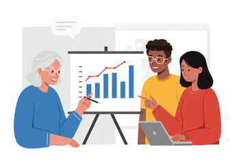 Team Presentation with Bar and Line Graph on Easel – Collaborative Data Discussion in Professional