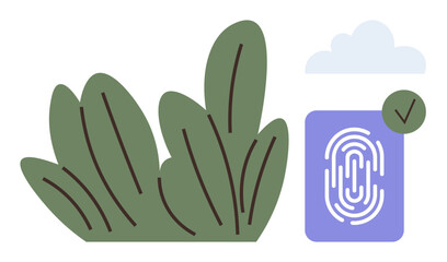 Green leaves beside a fingerprint scan symbol with a checkmark and cloud. Ideal for security, technology, eco-conscious design, sustainability, data protection, authentication systems