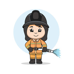 firefighter, cartoon, girl, hose, water, uniform, helmet, smile, fire, rescue, safety, emergency, equipment, professional, job, occupation, duty, protection, service, hero, illustration, character, cl