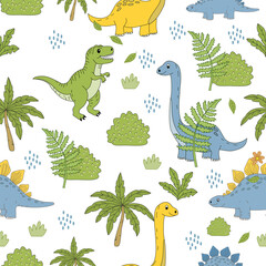 Cute Cartoon Dinosaurs and Jungle Plants Seamless Pattern © pitchayaphak