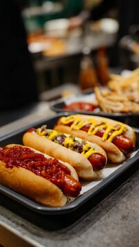 A mouthwatering display of assorted hot dogs, adorned with vibrant toppings, showcasing a delicious meal ready to be enjoyed at a lively event or gathering.
