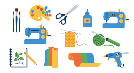 Illustration showcasing various art and craft supplies including sewing and painting tools displayed