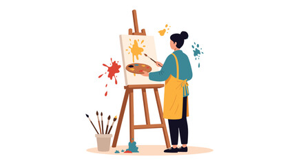 A woman is painting on a canvas with an easel in a studio with brushes and paint splatters all around