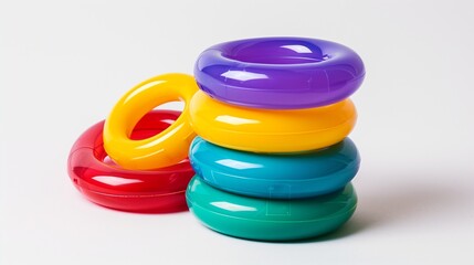 colorful plastic stacking rings for babies on white background