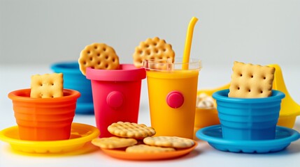 children toy plastic snack set with crackers and juice box on white background
