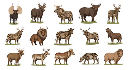 Obraz premium Illustration showing a variety of deer, zebra, and bovine species standing on grass patches