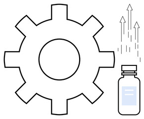 Large gear beside medicine bottle with rising arrows symbolizes innovation, progress, and development. Ideal for healthcare, medical technology, research, advancement, efficiency, progress simple