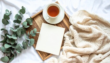 Cozy morning in bed with hot tea, a blank card, and eucalyptus on a wooden tray