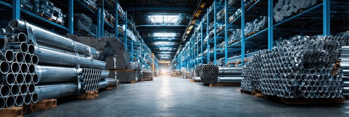 Steel pipes and materials organized in a spacious warehouse at midday with bright lighting illuminating the aisle