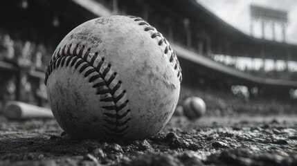 Monochrome depiction of a baseball on the ground at a stadium field