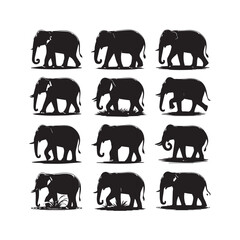 Collection of twelve silhouette illustrations of african elephants in various poses