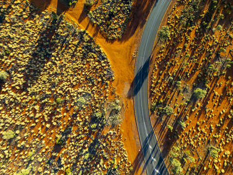 Aerial view of a winding road slicing through the arid landscape where the vibrant orange earth meets sparse vegetation under the harsh sunlight, Petermann, Northern Territory, Australia.