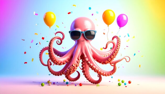 Festive Octopus with Sunglasses and Balloons amidst Confetti