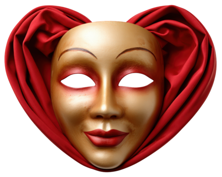 Glossy face mask with gold and red finish, heart shaped red fabric frame, dramatic makeup, elegant and mysterious, suitable for masquerade or carnival celebration