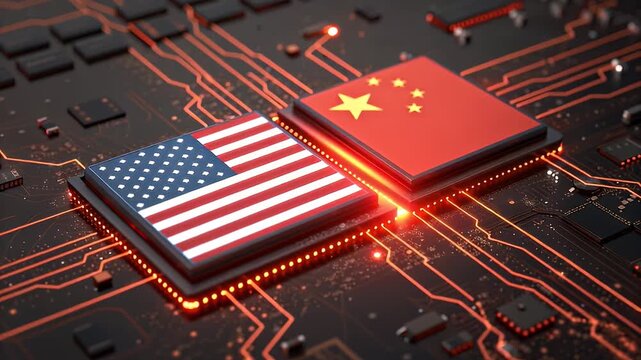 Trade War Tension: US and China flags represented on semiconductor chips.