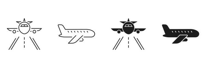 Airplane And Runway Line And Solid Icon Set. Aviation, Travel, And Transportation Outline And Silhouette Symbol Collection. Aircraft Landing And Takeoff. Isolated Vector Illustration
