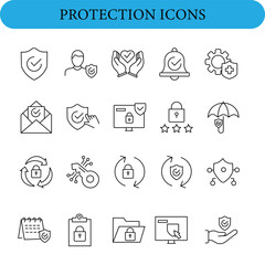 Protection Web Icon Set in Line Style.  Icons include shields with check marks, human figures, cupped hands with hearts, bells, gears with medical crosses, 