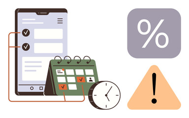 Smartphone checklist app, calendar with deadlines, clock, percentage icon, and warning sign. Ideal for productivity, task planning, efficiency, time tracking reminders urgent notices