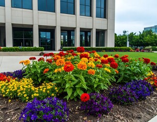 Colorful flowerbeds in front of a modern building