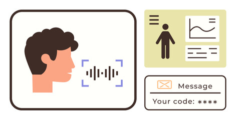 Profile view of person with sound waves, human diagram with analytics, secure message access code. Ideal for biometrics, authentication, technology, privacy, AI digital identity security. Simple