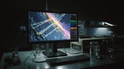 Naklejka premium An illuminated display of a monitor screen showcasing detailed 3D renderings generated by a neural radiancefield inspection highlighting stress fractures in a hidden weld.