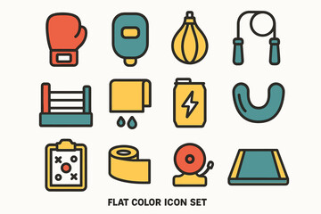 Colorful flat boxing equipment icons featuring gloves and jump rope