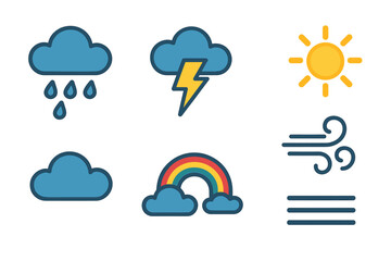 Weather icons: rain, thunder, sun, cloud, rainbow, wind, fog symbols