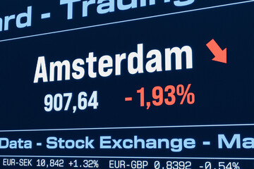 Obraz premium Amsterdam stock index moving down. Falling Dutch share prices, bearmarket, reduction, investment, business, crash, loss, crisis, stock market data. 3D illustration