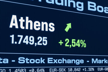 Fototapeta premium Athens stock index moving up. Rising Greek share prices, bull market, growth, investment, business, profit, stock market data. 3D illustration