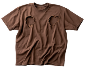 Distressed brown t shirt with large holes and grunge style tears, casual fashion, worn texture, relaxed fit, urban streetwear, edgy and expressive design
