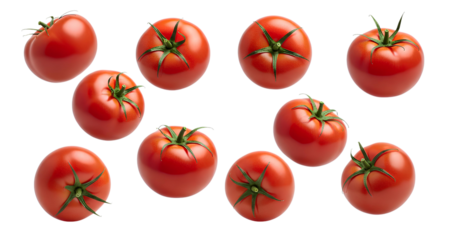 flying tomato vegetable set, multiple views isolated on white and transparent background png, social medai post design, food post, social media photography