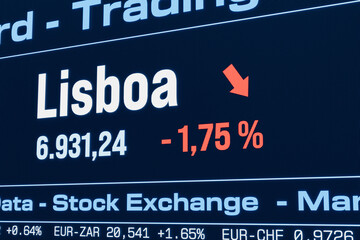 Fototapeta premium Lisboa stock index moving down. Falling Portuguese share prices, bearmarket, reduction, investment, business, crash, loss, crisis, stock market data. 3D illustration
