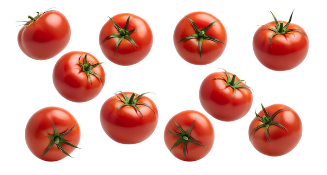 flying tomato vegetable set, multiple views isolated on white and transparent background png, social medai post design, food post, social media photography