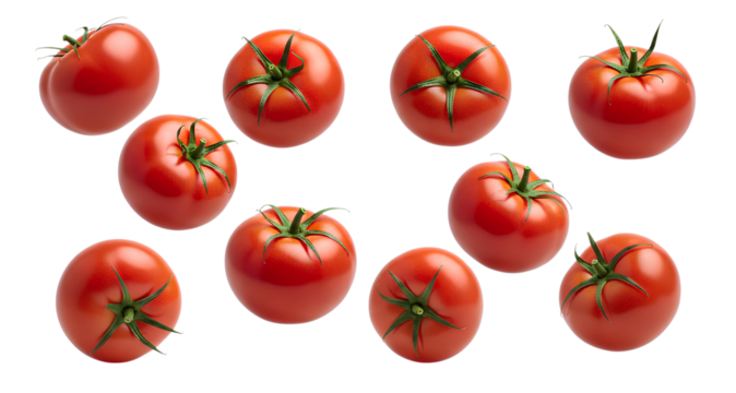 flying tomato vegetable set, multiple views isolated on white and transparent background png, social medai post design, food post, social media photography