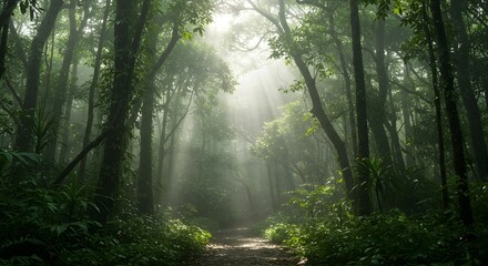 Obraz premium Sunbeams pierce a misty, green forest path, creating a serene and mysterious atmosphere.
