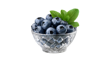 Fresh Blueberries in Glass Bowl with Mint Leaves